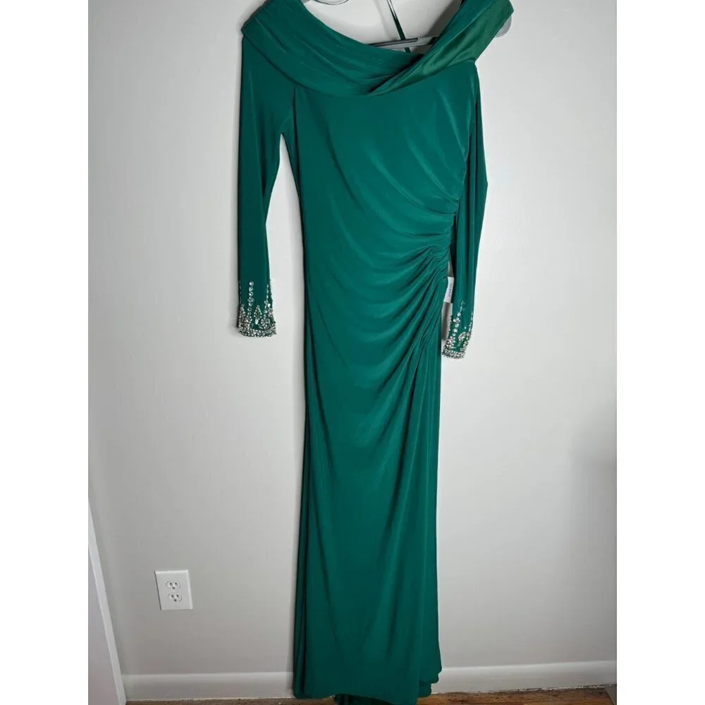 MAC DUGGAL Maxi Gown Dress Green Beaded Cuff Off Shoulder Jersey Stretch Size 4 - Picture 5 of 8